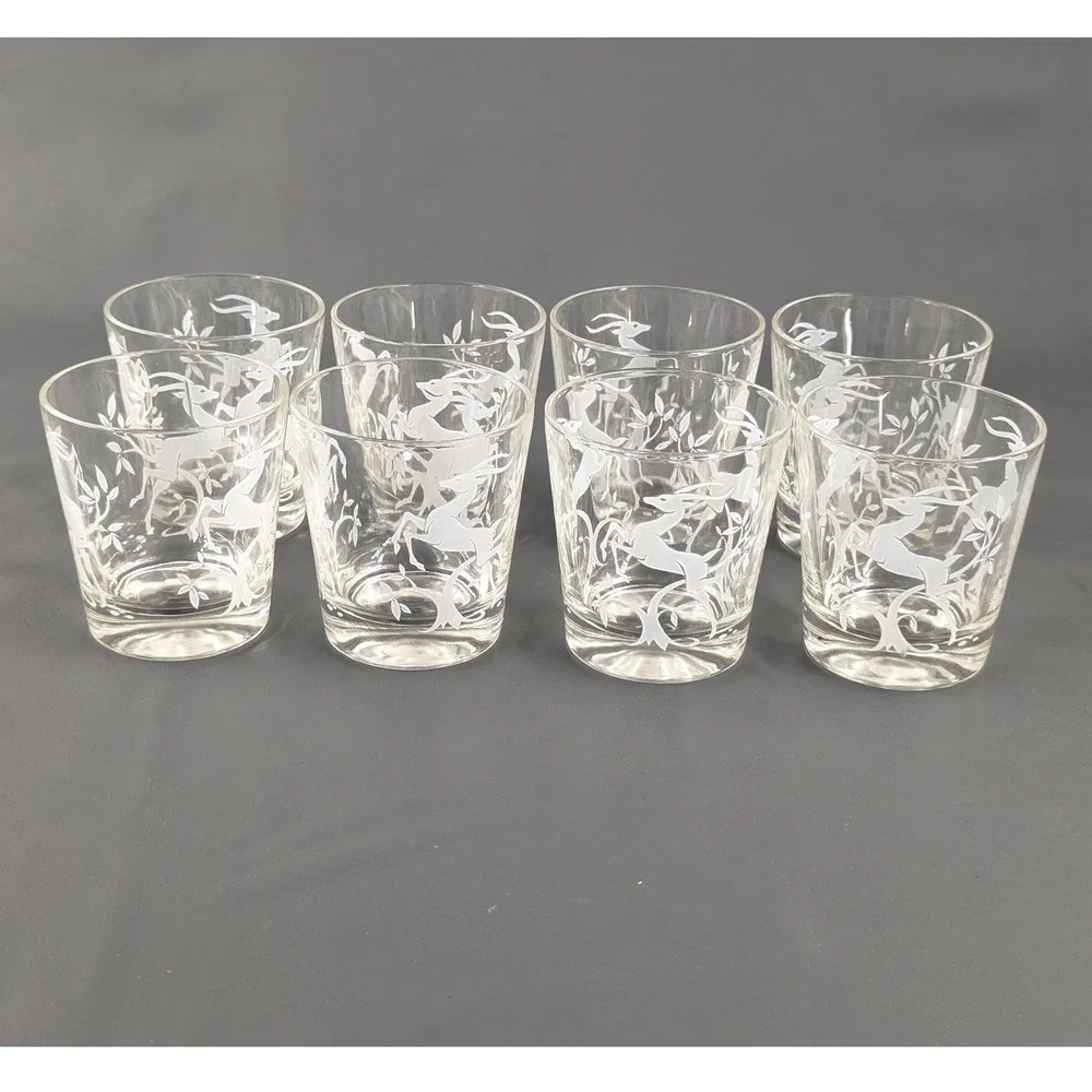 Vintage Frosted White Gazelle Rocks Glasses Set of 8 Mid Century Barware 3.25in